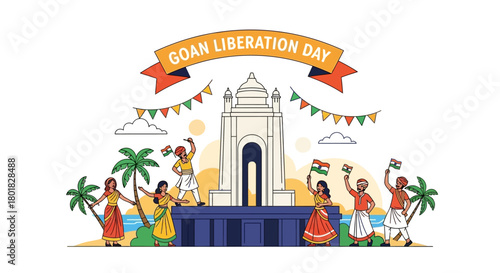Goan Liberation Day Celebration with People Waving Flags Near Monument