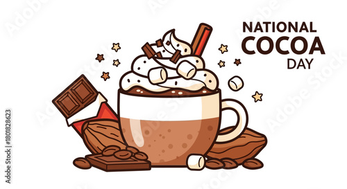 National Cocoa Day Illustration with Marshmallows, Chocolate Bar and Cocoa Beans