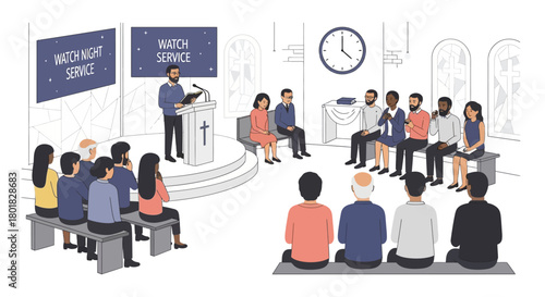 Church Service with Diverse Congregation Listening to a Sermon