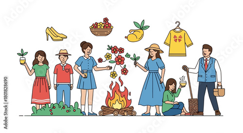 People gather around a campfire with plants and flowers illustrations