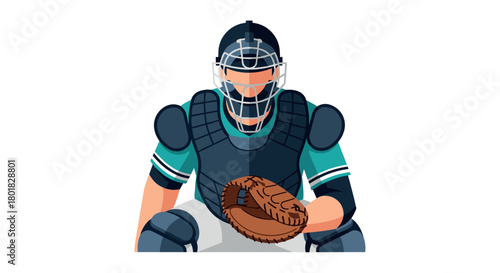 Baseball catcher in full gear ready to receive pitch with glove