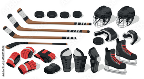 Ice hockey gear collection featuring sticks, helmets, gloves, pucks, and skates in flat style
