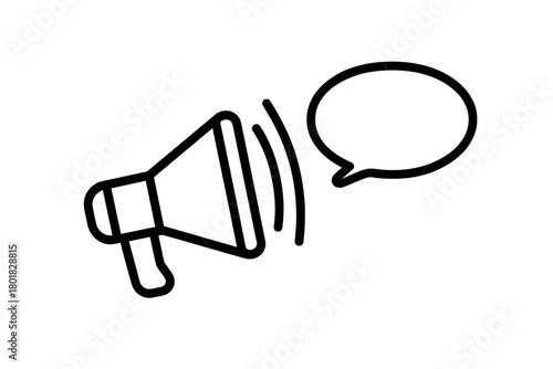Loudspeaker icon broadcasting sound waves next to an empty speech bubble for communication