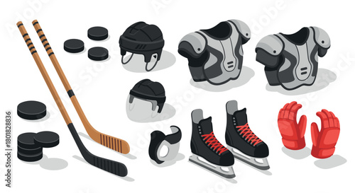 Hockey equipment set: sticks, helmets, skates, and protective gear in isometric style