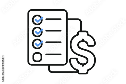 Financial checklist document showing completed tasks and a dollar sign symbol for budget tracking
