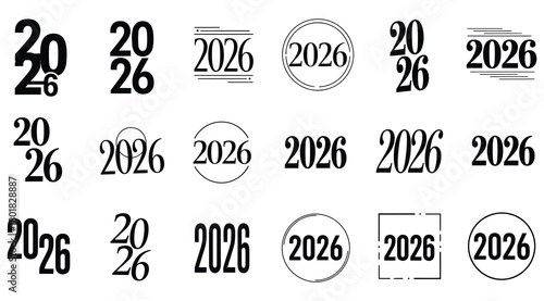 Collection of various typography designs for the year 2026, featuring different fonts, styles, and decorative elements, isolated on a