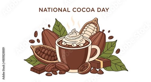 A warm mug of hot cocoa with whipped cream surrounded by cocoa beans, pods, and pieces of dark chocolate in a hand-drawn style