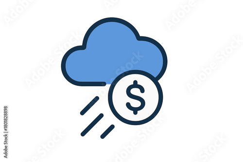 Financial cost of cloud computing services showing money raining from a blue cloud