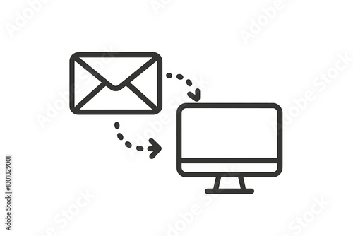 Conceptual icon showing email message transfer from envelope to desktop computer monitor