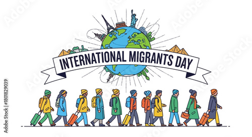 Diverse people from around the world celebrating International Migrants Day, depicting a global human journey with luggage, symbolizing unity and movement