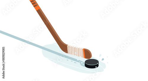 Hockey stick and puck on ice - dynamic sports action in flat design