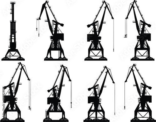 Collection of black harbor crane silhouettes isolated on white background, heavy industrial port machinery for cargo logistics and maritime shipping transport, vector icon set.