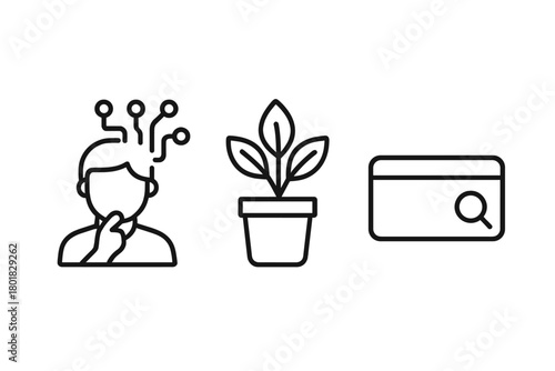 Set of line icons representing artificial intelligence, nature, and data search concepts