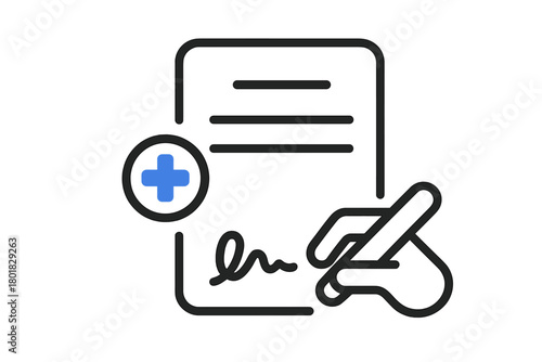 Signing medical document or health insurance form with addition symbol