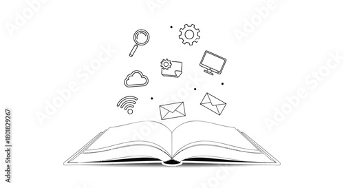 Open book with hand drawn icons of knowledge and learning floating upwards against a white background
