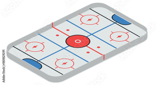 Isometric ice hockey rink: detailed ice surface design with markings and goals