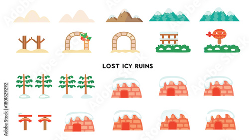 Whimsical winter landscape featuring a lost icy ruin partially submerged beneath snow with a touch of vibrant color and a magical hidden atmosphere