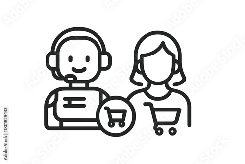 Online retail assistance concept showing a support agent and a customer with shopping carts