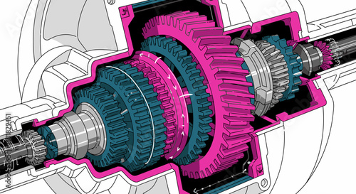 Detailed illustration of a complex mechanical gear system, showcasing intricate engineering and precise internal components for operational functionality.