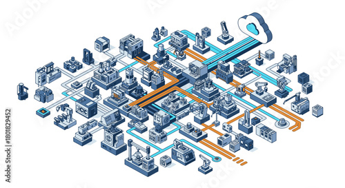 Isometric illustration depicts a network of interconnected industrial machines, symbolizing technological advancement and data-driven manufacturing processes.