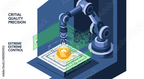 An industrial robotic arm precisely inspects a glowing sphere, highlighting critical quality and precision in a technological process.