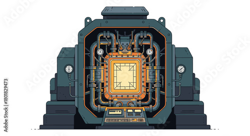 A detailed pixel art illustration of a complex machine with intricate piping and a central glowing core, set against a clean white background for clarity.