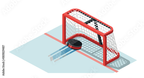 Isometric hockey goal and puck on ice rink in dynamic motion