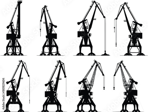 Industrial port crane silhouettes, heavy machinery illustration, maritime loading equipment, cargo handling cranes, harbor construction machines, dockside lifting equipment, mechanical structure 