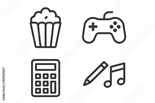 Diverse outline icons representing hobbies like baking, gaming, mathematics, and music