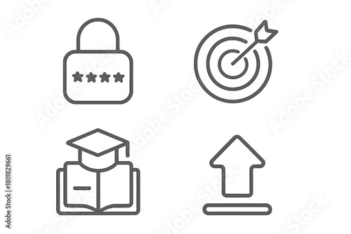 Four essential line icons: digital security, goal achievement, academic education, and data upload