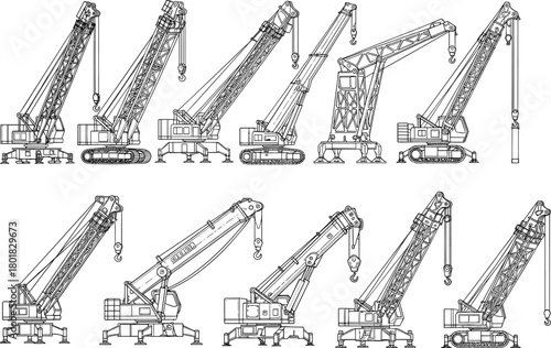 Heavy duty crawler crane silhouettes collection, detailed construction crane illustrations for industrial lifting, engineering equipment, building machinery design set for commercial stock use