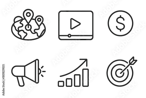 Digital marketing and business strategy concepts including global location video media finance growth and target goals