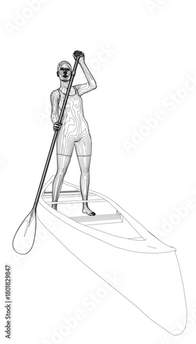 A determined woman stands on a white paddle board, holding her paddle. Her wetsuit contours to her form as she prepares to navigate the water.