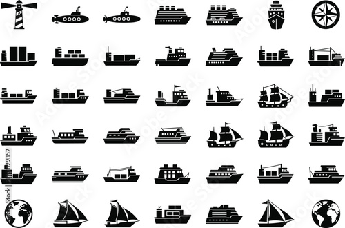 Large collection of black nautical icons including ships boats cargo vessels submarines lighthouse and compass isolated on white background for maritime transport logistics design set.