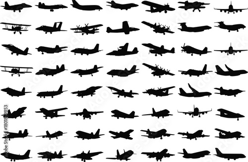 Large collection of black airplane silhouettes including fighter jets, cargo planes, passenger aircraft, vintage biplanes isolated on white background for aviation, travel, transport, design.