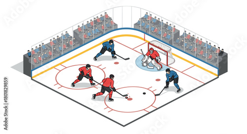 Exciting isometric ice hockey match in action with enthusiastic crowd watching