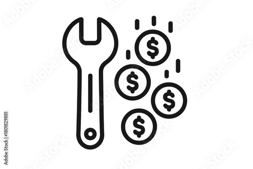 Wrench tool and falling dollar coins symbolizing repair service costs and financial maintenance
