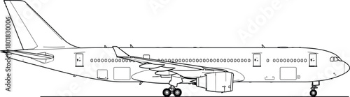 Passenger airplane technical drawing, side view outline of a wide-body jet airliner. Isolated vector illustration for aviation, commercial transport, and travel industry.