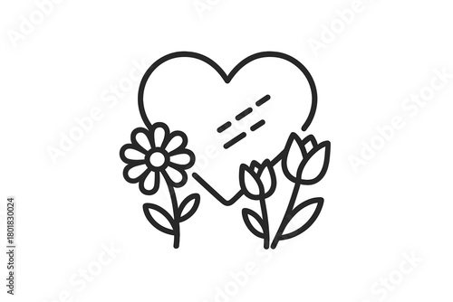 Simple outline of a heart shape nestled among blooming spring flowers and tulips