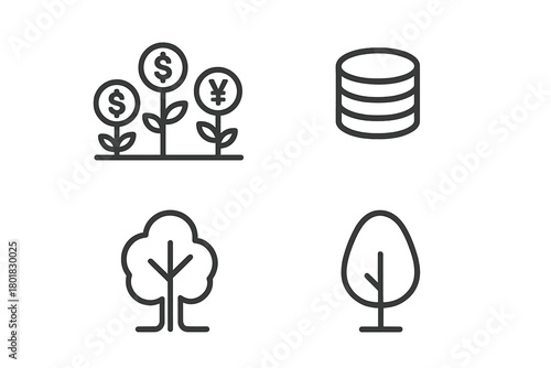 Set of minimal line icons showing financial growth, money plants, stacked coins, and stylized trees