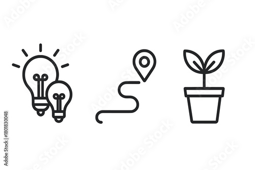 Creative idea generation, strategic path planning, and business growth concept symbols and icons