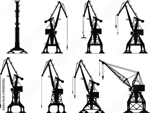 Port harbor crane silhouettes collection, industrial dockside loading cranes for shipping, cargo handling, maritime equipment illustration set for construction, transport and logistics stock use