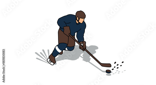 Isometric ice hockey player in action with stick and puck