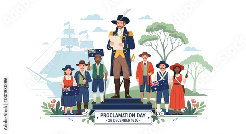 Proclamation Day Celebration with Historical Figures and Australian Flags in Outdoor Setting