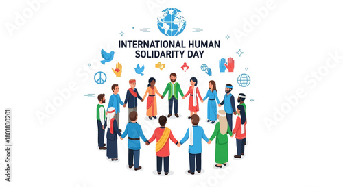 Diverse multicultural group of people holding hands together in a circle, symbolizing global community, peace, and human solidarity