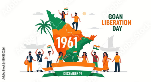 Joyful Goan Liberation Day celebration illustration. People holding Indian flags commemorate the 1961 independence on December 19