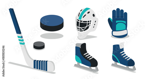 Isometric ice hockey equipment set: stick, puck, skates, helmet, glove