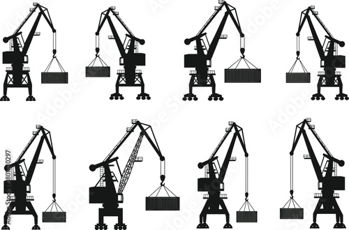 Set of heavy harbor cranes silhouettes handling shipping containers, industrial cargo logistics transport and maritime commercial export concept, black vector icons collection isolated on white.