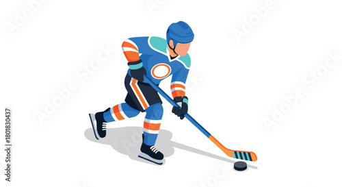 Hockey player in action with stick and puck in isometric style