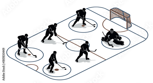 Isometric ice hockey match concept with players and goal on rink